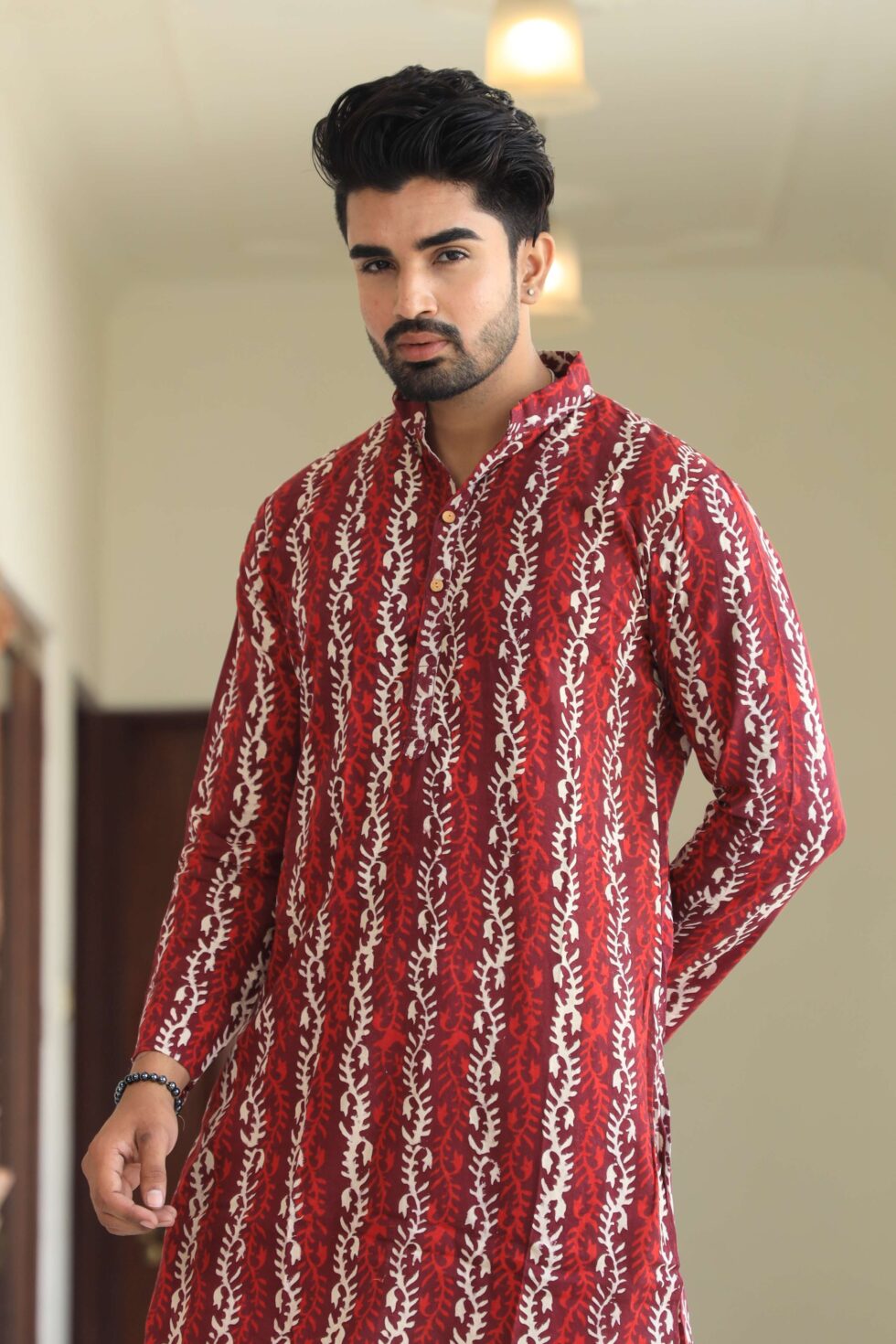 Close-up of kurta set's intricate design and patterns