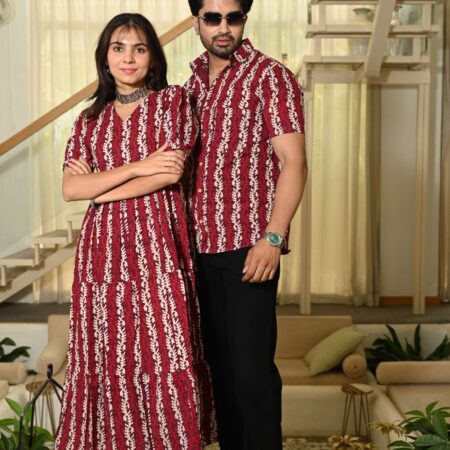 Couple wearing matching red vertical vine Bagru block print Anarkali and shirt set