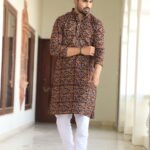 Men's Black Printed Cotton Kurta Set with White Pajama