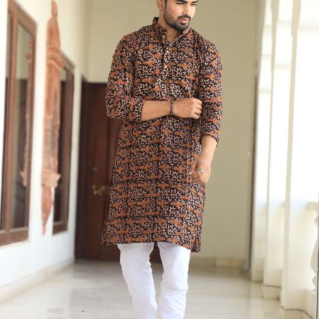 Men’s Black Printed Cotton Kurta with White Pajama