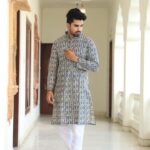 Men's blue printed cotton kurta with white pajama, front view