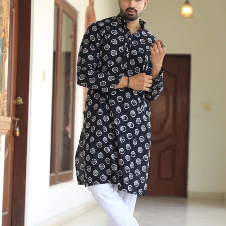 Men’s Black Printed Cotton Kurta with White Pajama