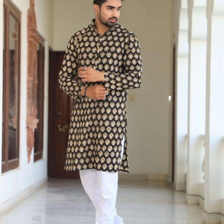 Men’s Black Printed Cotton Kurta with White Pajama