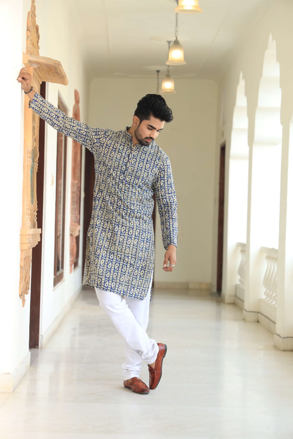 Close-up of intricate print on kurta