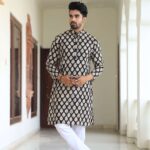 Men's Black Printed Cotton Kurta with White Pajama, front view