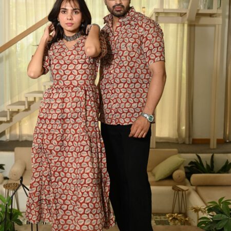 Couple Matching Red-Beige Cotton Anarkali Midi Dress and Shirt Set with leaf block print pattern