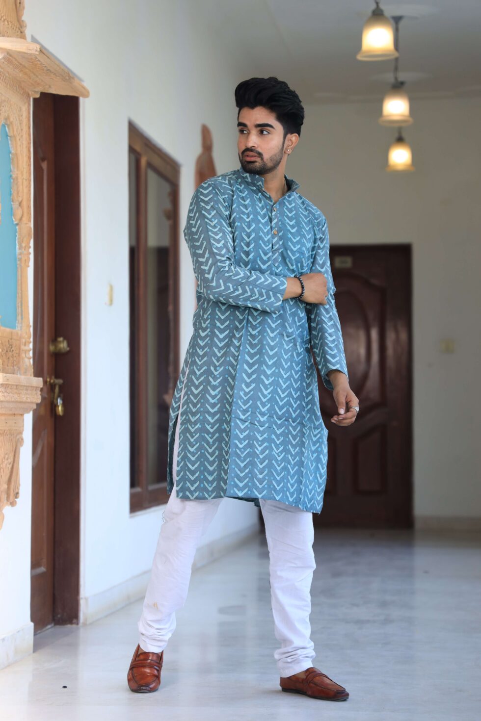 Close-up of the kurta's fabric, showcasing the blend of cotton and silk