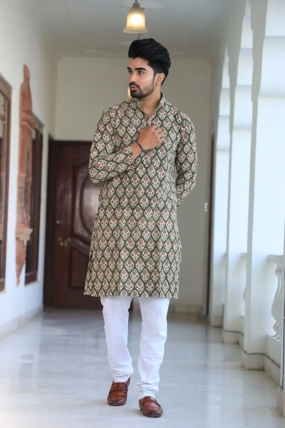 Men's green printed cotton kurta with white pajama, back view