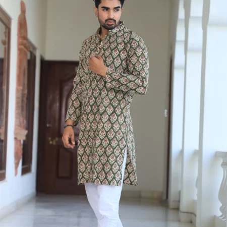 Men’s Green Printed Cotton Kurta with White Pajama