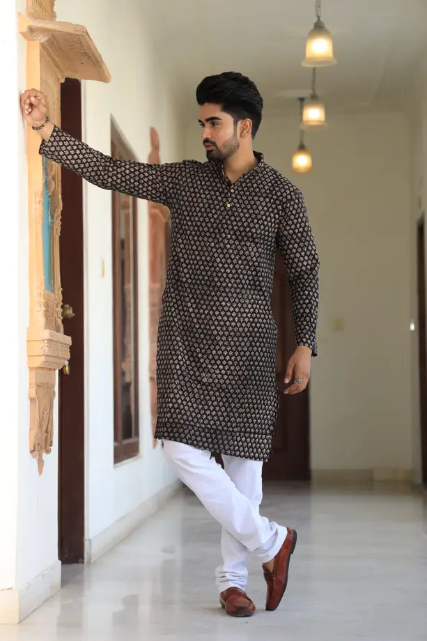 Men's black printed kurta with white pajama back view