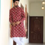 Men's Multicolor Printed Cotton Kurta with White Pajama, front view