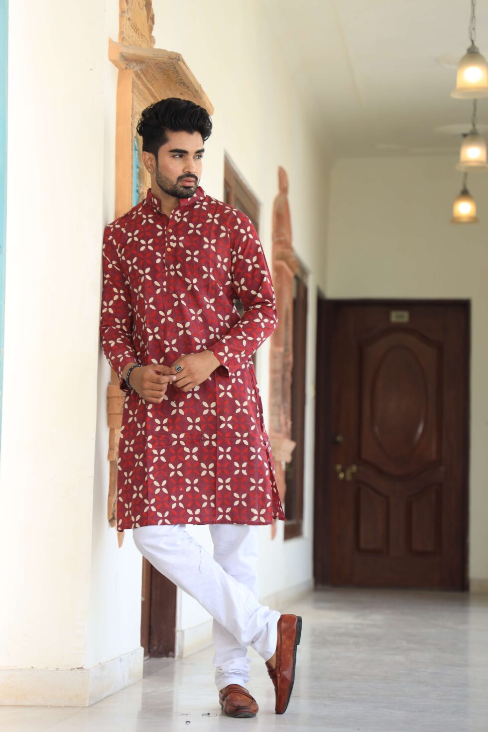 Men's Multicolor Printed Cotton Kurta with White Pajama, front view