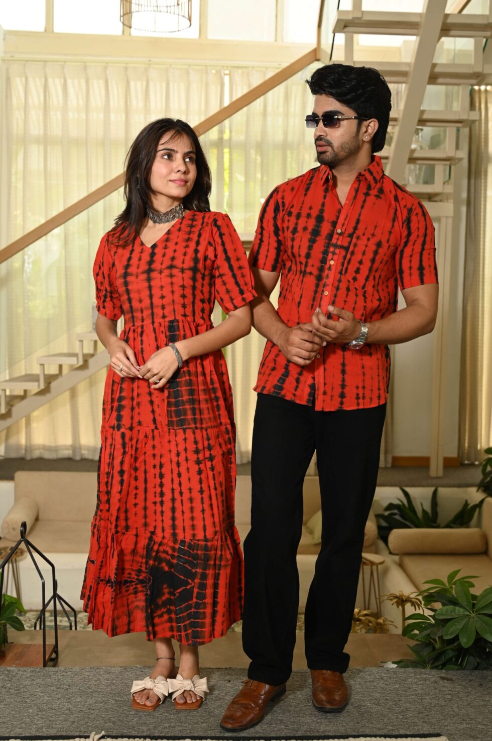Close-up of the intricate print design on the Anarkali dress
