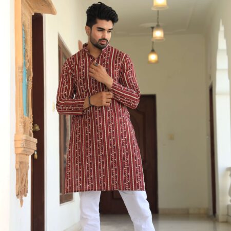 Men’s Maroon Printed Cotton Kurta with White Pajama