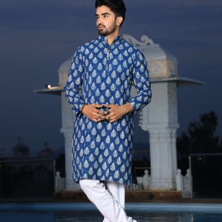 Men’s Blue Printed Cotton Kurta with White Pajama