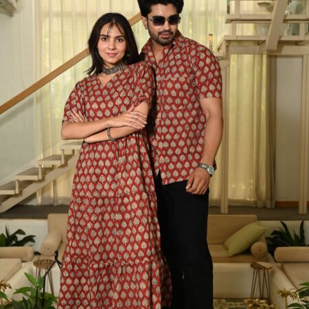 Couple wearing matching Red Cotton Bagru Print Anarkali dress and shirt set