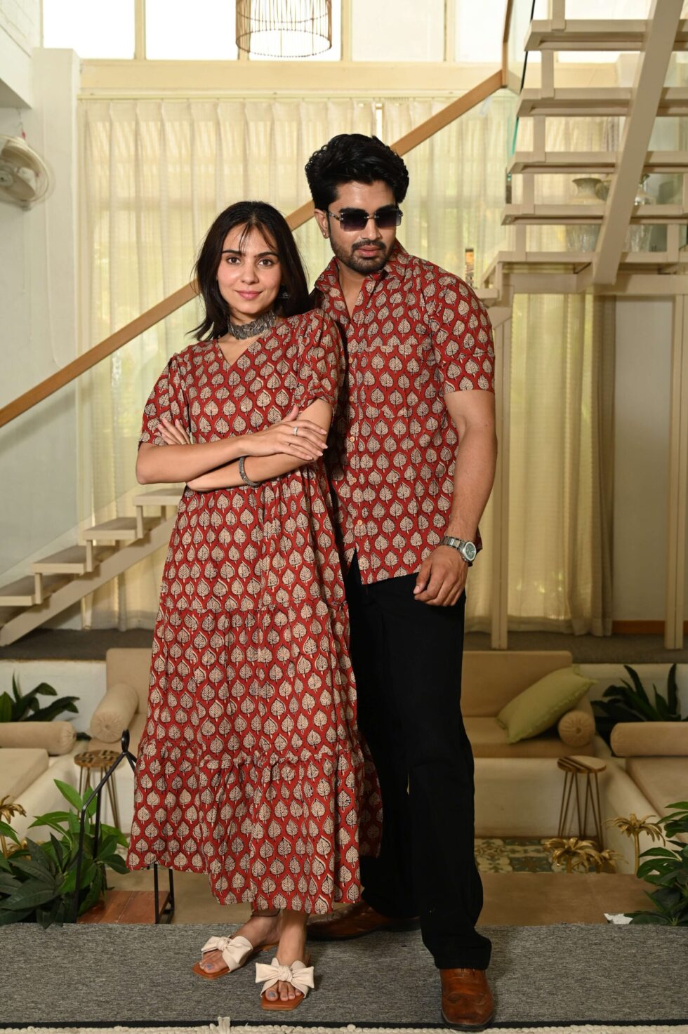 Couple wearing matching Red Cotton Bagru Print Anarkali dress and shirt set