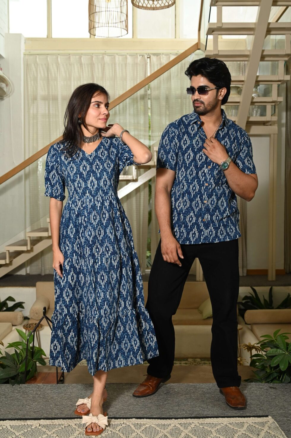 Man in coordinated blue Ikat cotton shirt by Jivanta Artifex