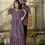 Front view of the Navy Blue and Red Zigzag Bagru print couple matching set dress and shirt