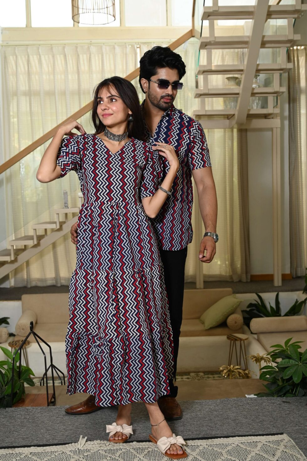 Front view of the Navy Blue and Red Zigzag Bagru print couple matching set dress and shirt