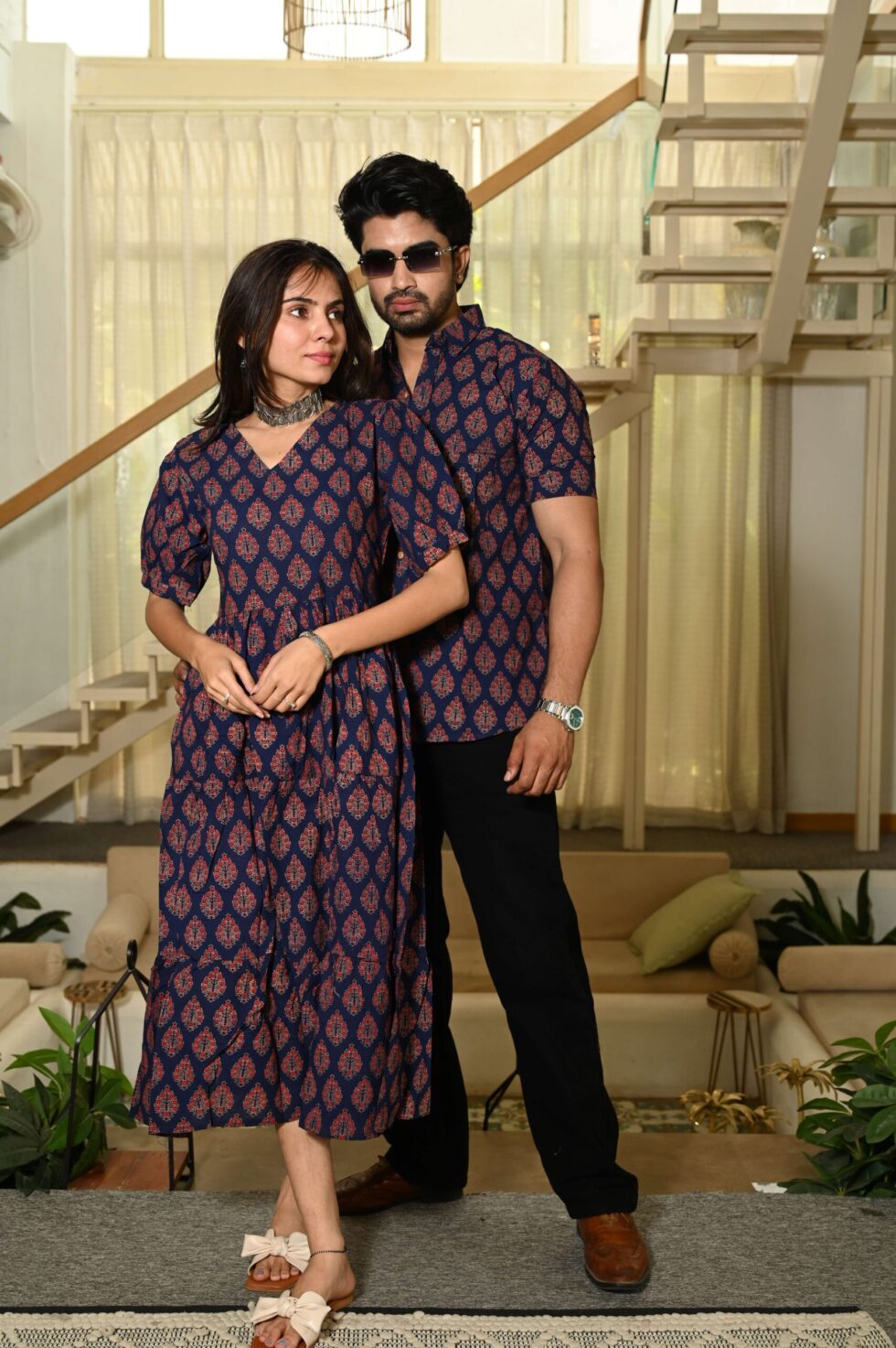 Couple wearing matching navy blue hand block print ethnic outfits by Jivanta Artifex
