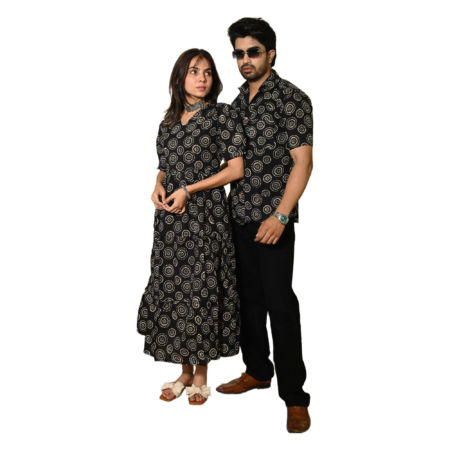 Couple Matching Black floral Printed Cotton Anarkali Midi Dress & Shirt Set ? Summer Casual Wear