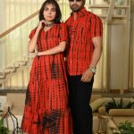 Couple Matching Red Printed Cotton Anarkali Midi Dress & Shirt Set