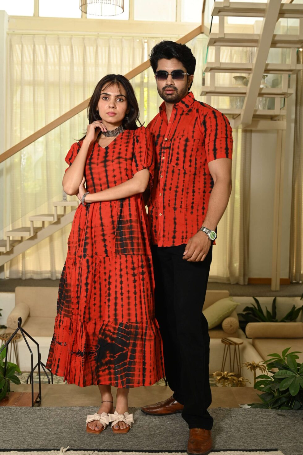 Couple Matching Red Printed Cotton Anarkali Midi Dress & Shirt Set