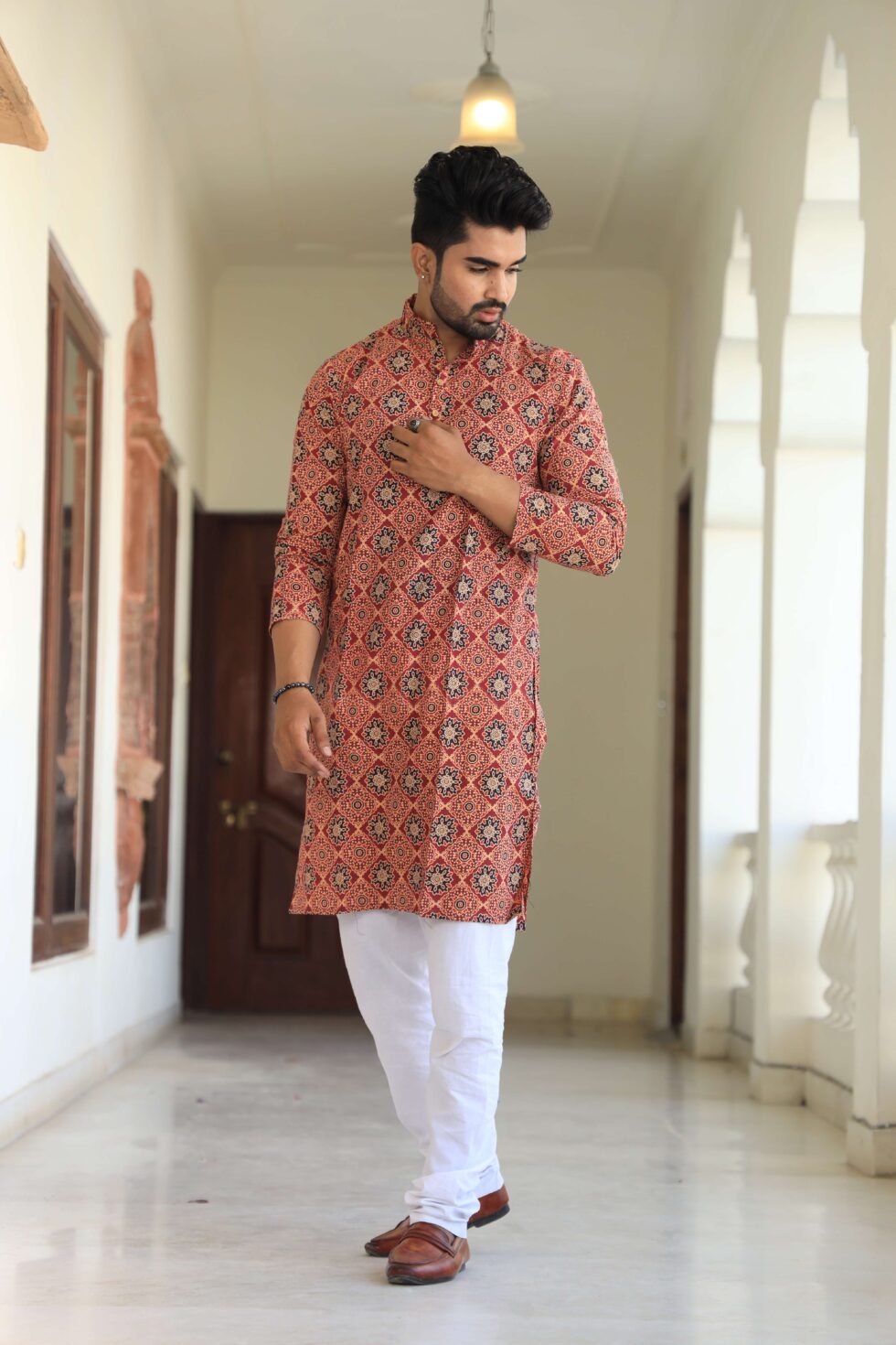 Men's multicolor printed cotton kurta set with white pajamas