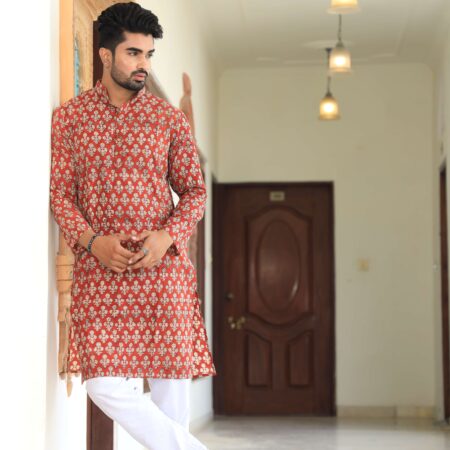 Men’s Multicolor Printed Cotton Kurta with White Pajama
