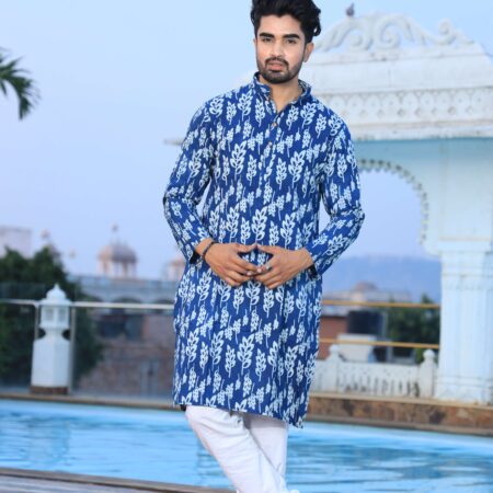 Men’s Blue Printed Cotton Kurta with White Pajama