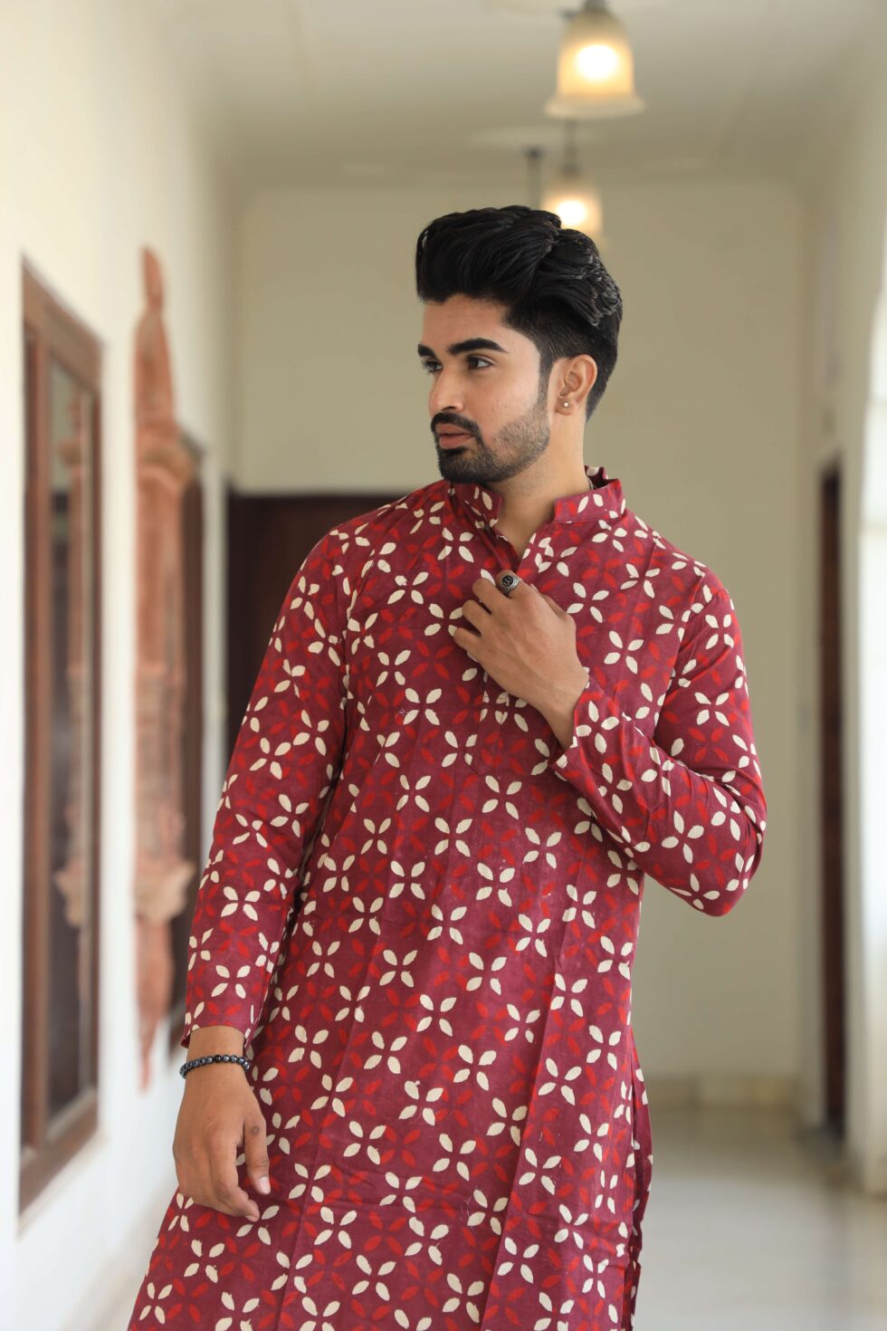 Model wearing the kurta set, showcasing the comfort and style