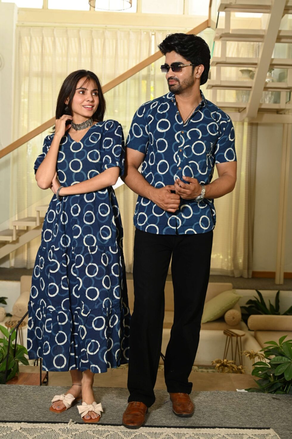 Detailed view of circular ethnic print on Jivanta Artifex premium cotton couple wear
