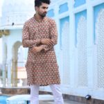 Front view of Men's Beige Printed Cotton Kurta by Jivanta Artifex