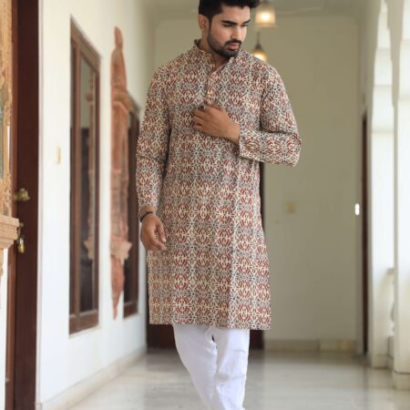 Men’s Beige Printed Cotton Kurta with White Pajama