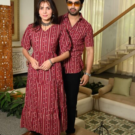 Couple matching maroon cotton Anarkali midi dress and shirt set with vertical stripe ethnic print