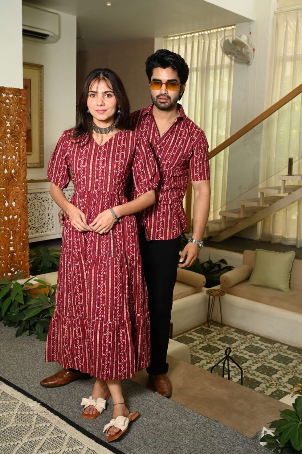 Couple matching maroon cotton Anarkali midi dress and shirt set with vertical stripe ethnic print