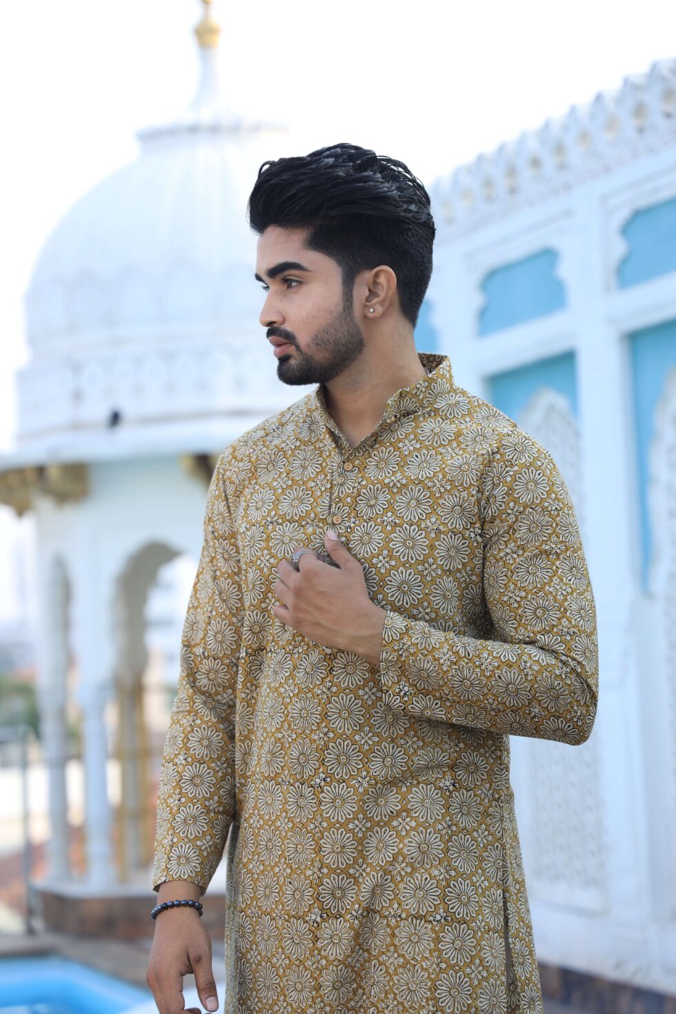 Close-up of traditional Indian motif on kurta