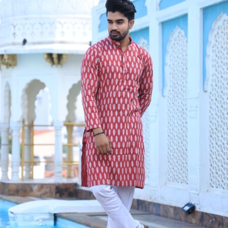Men’s Multicolor Printed Cotton Kurta with White Pajama