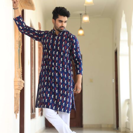 Men’s Navy Blue Printed Cotton Kurta with White Pajama