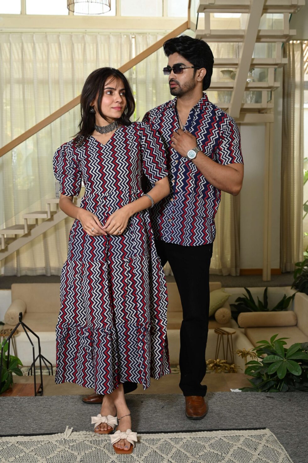 Close-up of the handcrafted zigzag pattern and pure cotton fabric of the Jivanta Artifex Anarkali midi dress