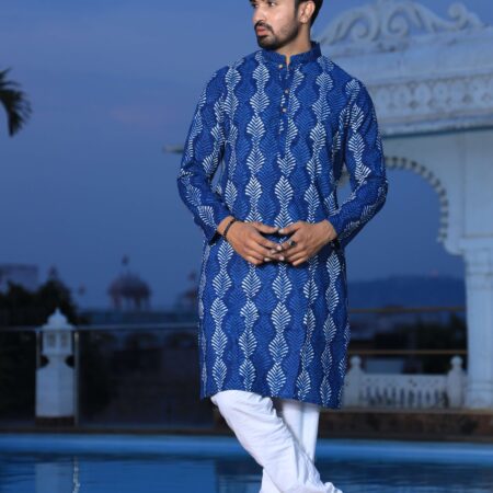 Men’s Blue Printed Cotton Kurta with White Pajama