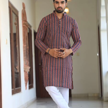 Men’s Multicolor Printed Cotton Kurta with White Pajama