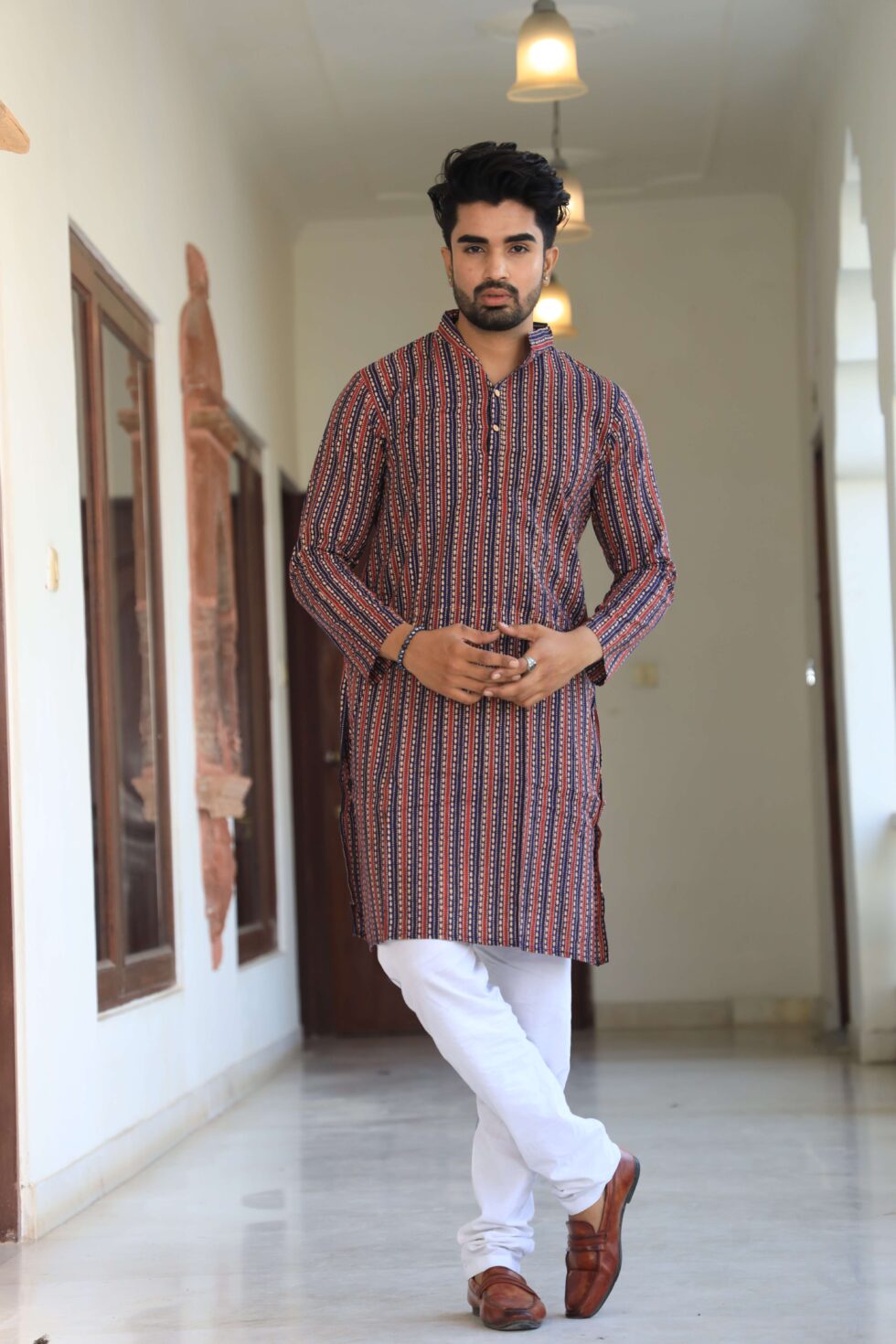 Men's Multicolor Printed Cotton Kurta with White Pajama
