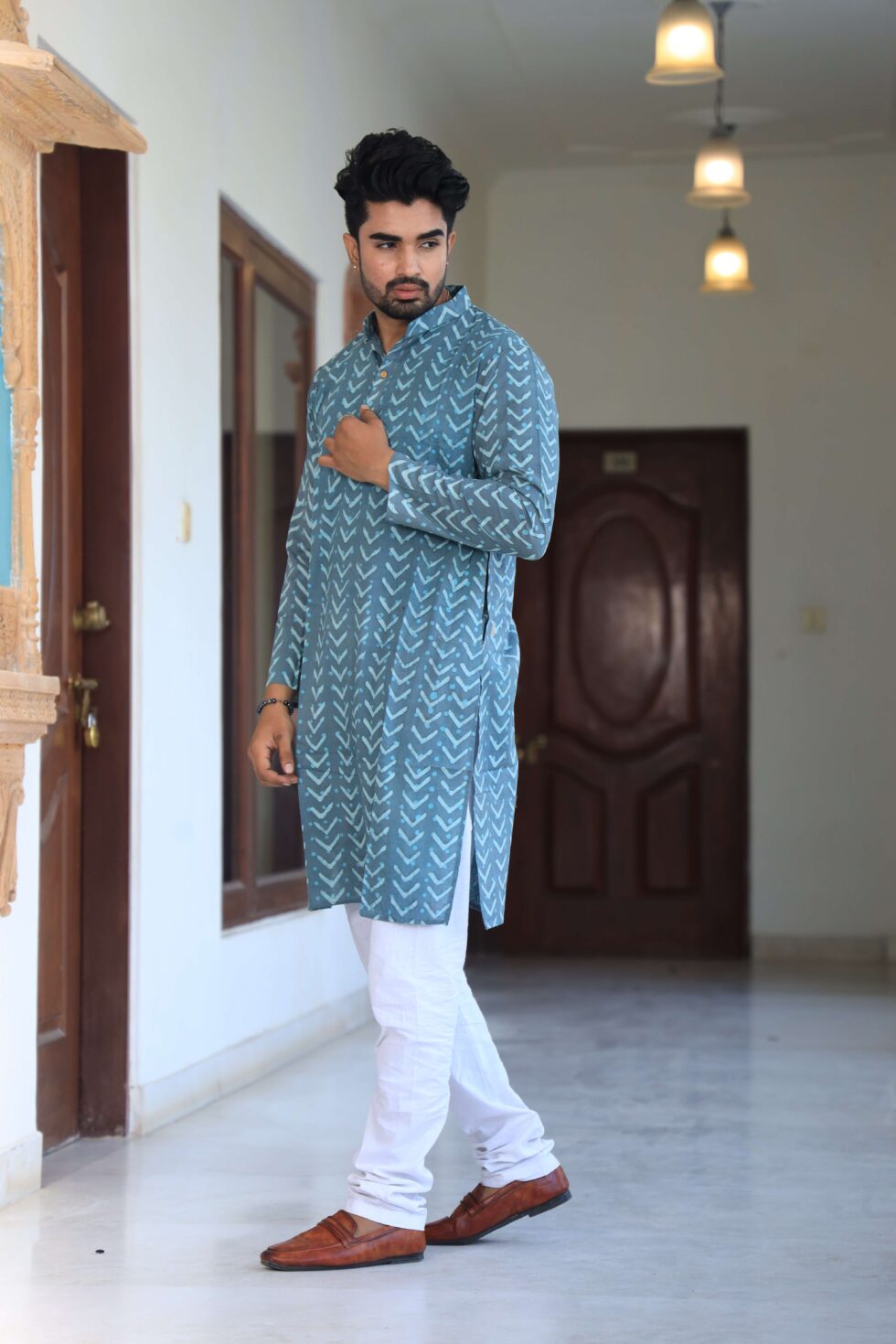 Model wearing the Mens Kurta Set, highlighting the elegant and sophisticated design
